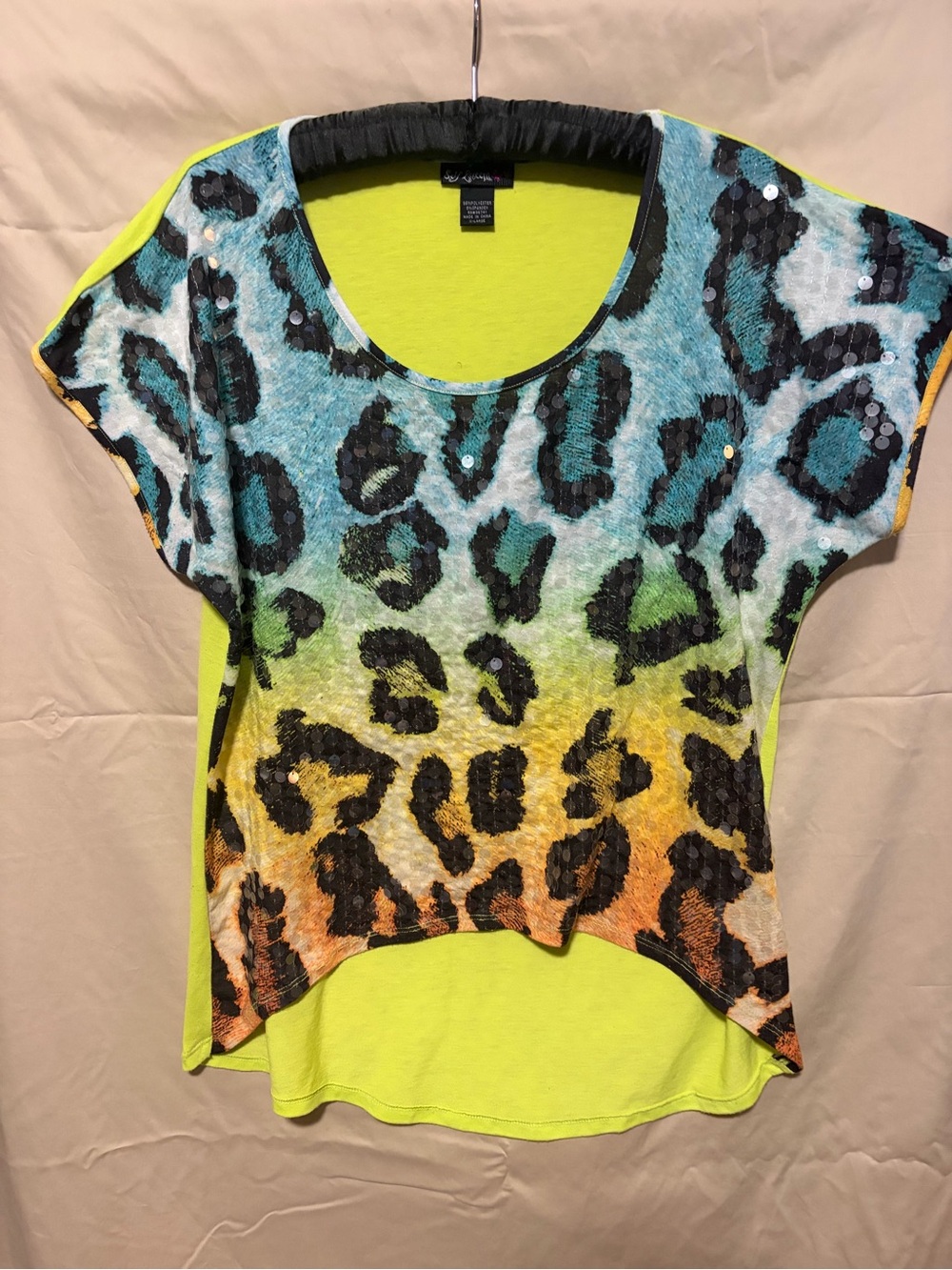 Self Esteem Neon Yellow Multicolor Leopard Print Short Sleeve Top